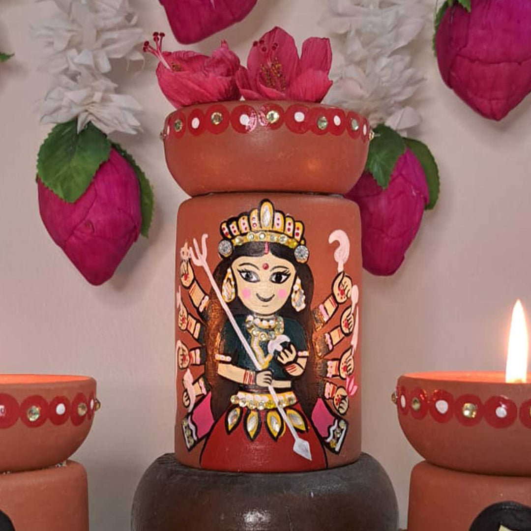 Hand-Painted Maa Durga Theme Terracotta Tealight Holder | Set Of 3