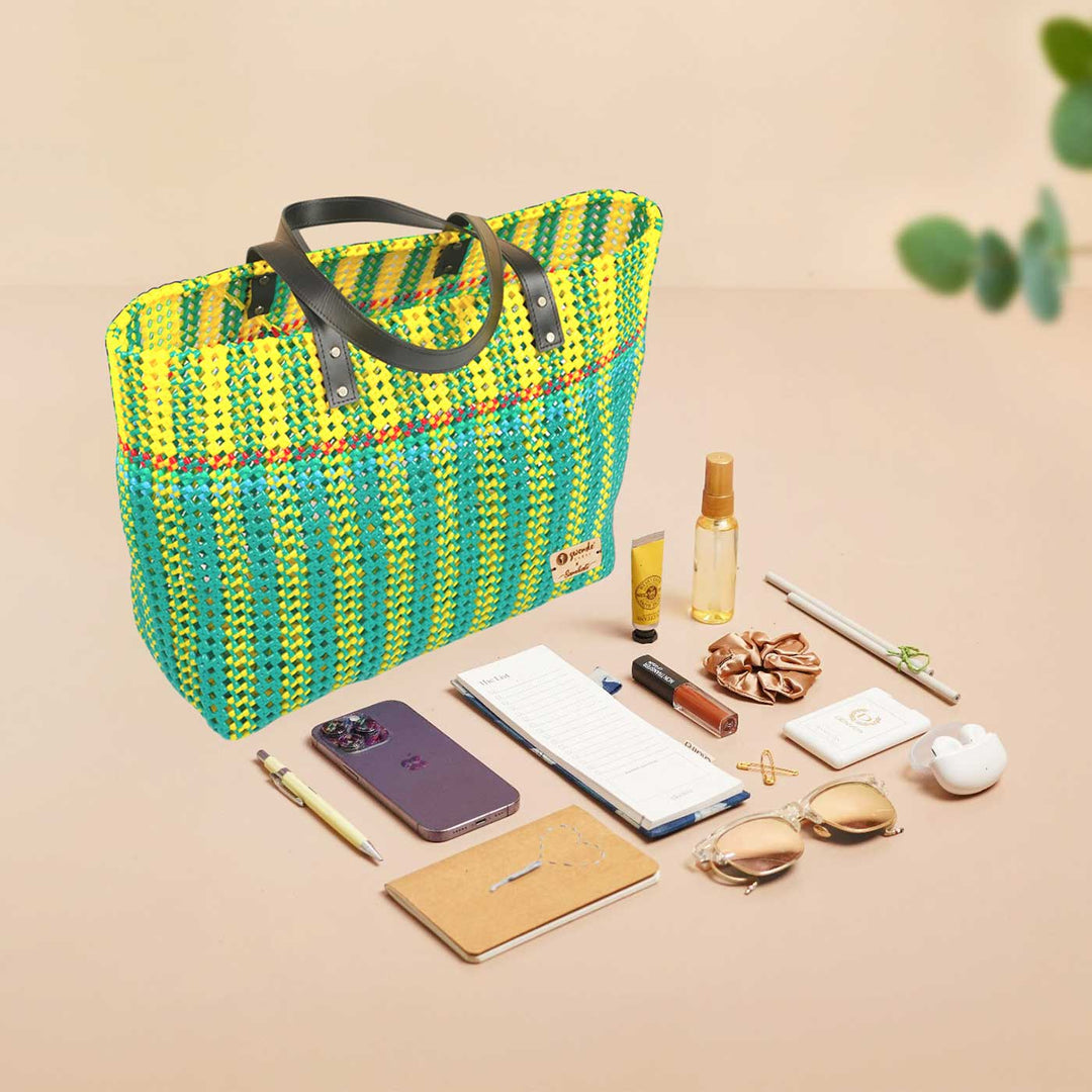 Green And Yellow Stripes Mukhya Knot Handmade Koodai Beach Bag