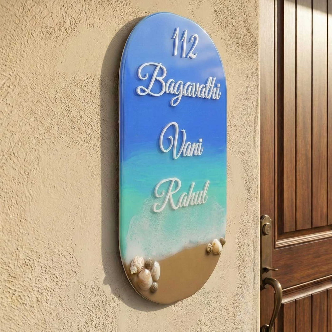 Personalized Blue Beach Theme Resin Vertical Name Plate For Family