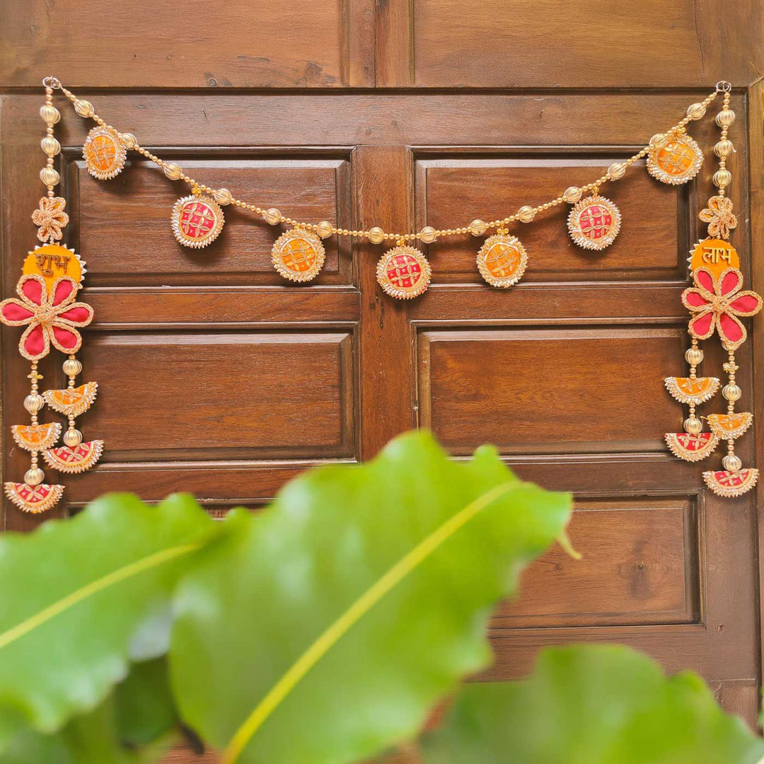 3 Pc | Handmade Festive Red & Orange Gota Patti Banderwal Toran with Shubh Labh Hangings
