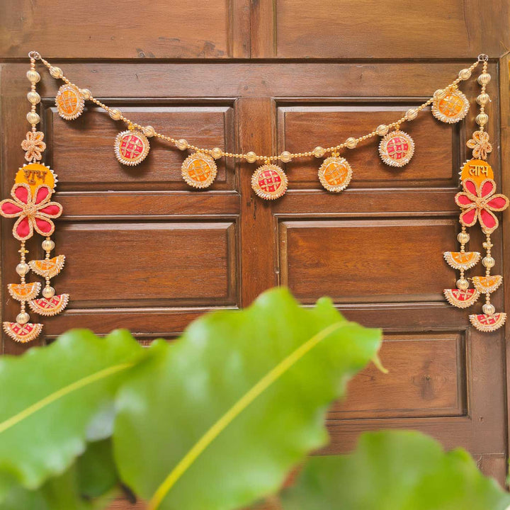 3 Pc | Handmade Festive Red & Orange Gota Patti Banderwal Toran with Shubh Labh Hangings