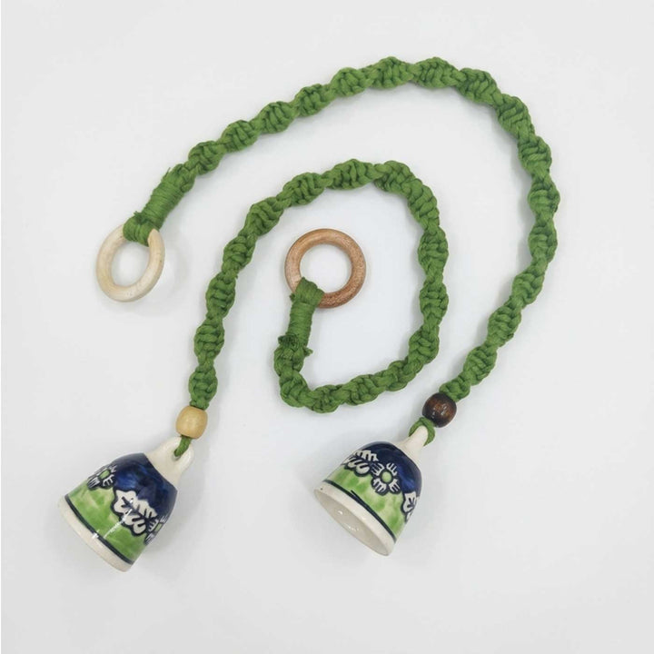 2 Pc | Macrame Handpainted Ceramic Bells Hanging With Wooden Rings & Beads