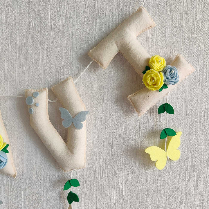 Personalized Butterfly Meadows Theme Felt Bunting Garland For Kids - Hanging Wall Decoration Close-up