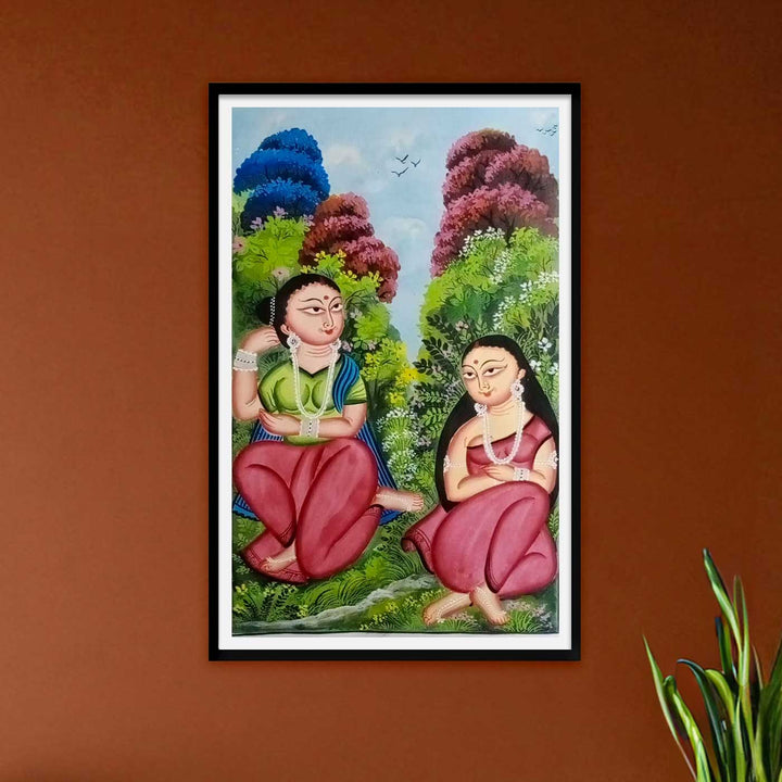 14 x 22 Inch | Ladies of the Land | Original Hand Painted Kalighat Painting | Natural Colors On Paper