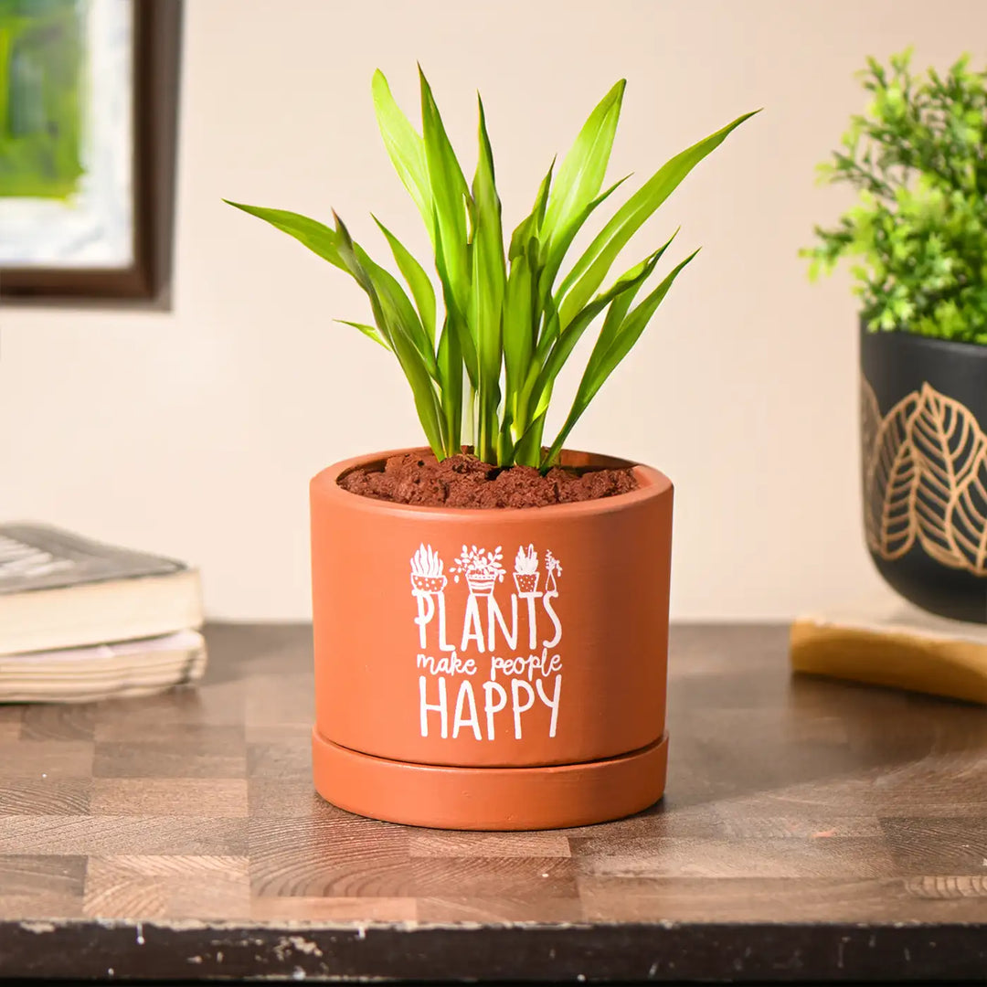 Handmade "Plants Make People Happy" Terracotta Planter With Tray
