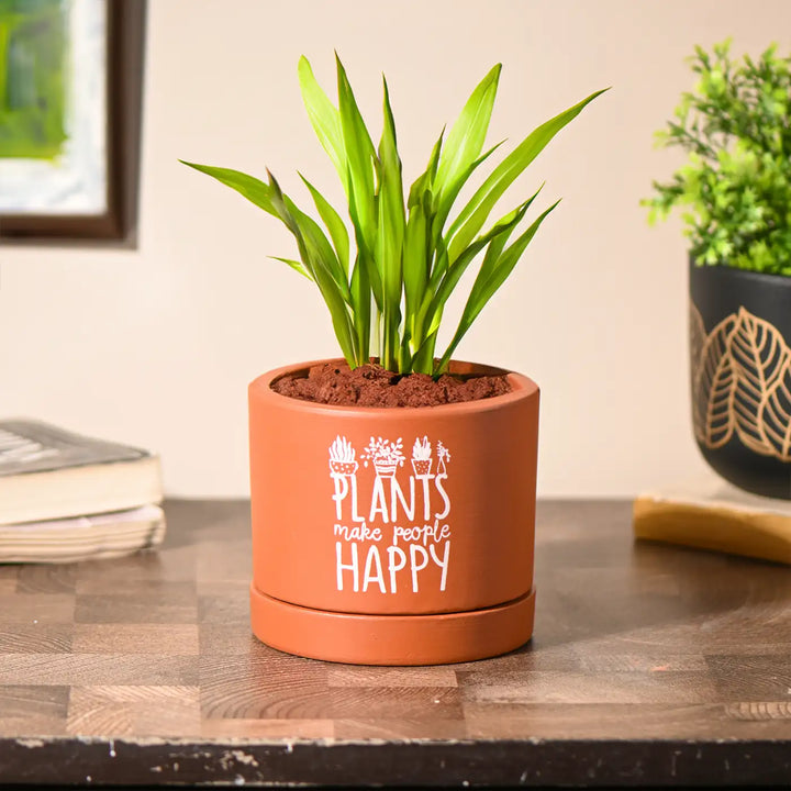 Handmade "Plants Make People Happy" Terracotta Planter With Tray