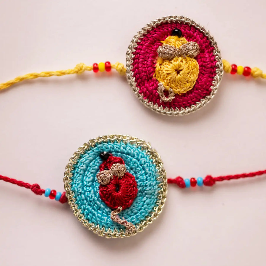 Handmade Crochet Cute Mouse Theme Kids Rakhi With Roli Chawal Set Of 2 - Close-up of crochet motifs