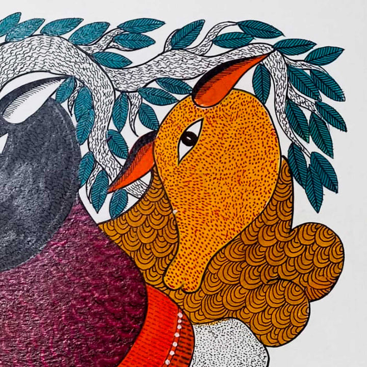 11 x 15 Inch | In the Shade of the Tree | Original Hand Painted Tribal Gond Art Painting | Acrylic Paints On Paper