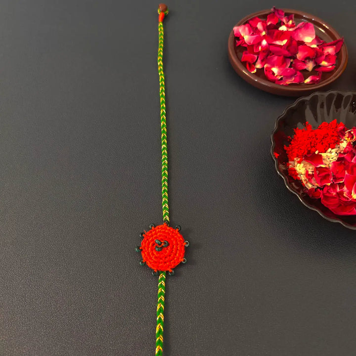 Handmade Crochet Beaded Round Ethnic Rakhi With Roli Chawal
