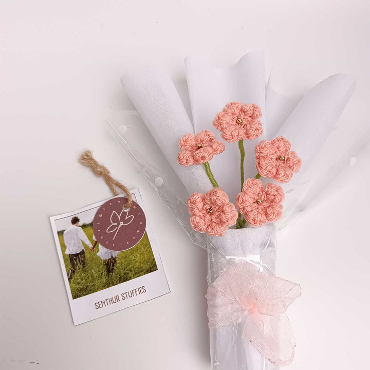 Handmade Crochet Peach Blossom Mini Flower Bouquet | Includes Photo & Greeting Card