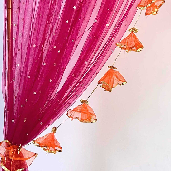 Pink Sheer Drape Backdrop Decor Kit With Stand & Long Orange Tissue Tassels