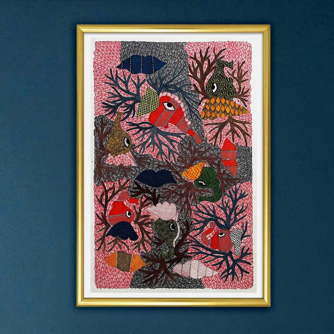 15 x 22 Inch | Fins and Branches | Original Hand Painted Tribal Gond Art Painting | Acrylic Paints On Paper