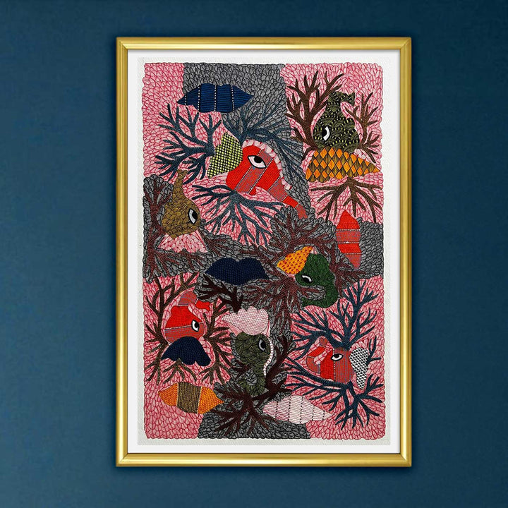 15 x 22 Inch | Fins and Branches | Original Hand Painted Tribal Gond Art Painting | Acrylic Paints On Paper