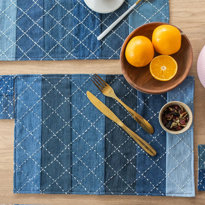 Upcycled Hand Embroidered Denim Criss Cross Eco-Friendly Table Runner & Mat