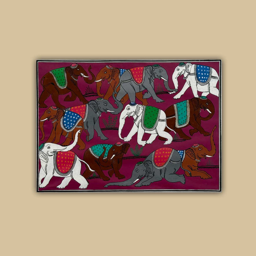 16 X 12 Inch | Handmade Silk Elephant Herd Painting