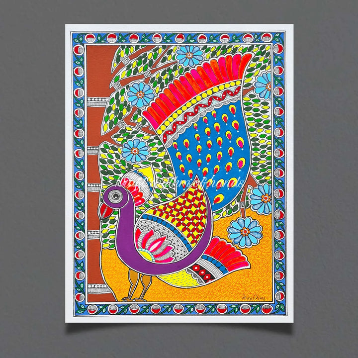 8 x 12 Inch | Peacock in Bloom | Original Hand Painted Madhubani Painting On Paper