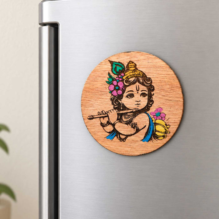 Engraved & Hand-Painted Flute Krishna Mahogany Wood Fridge Magnet