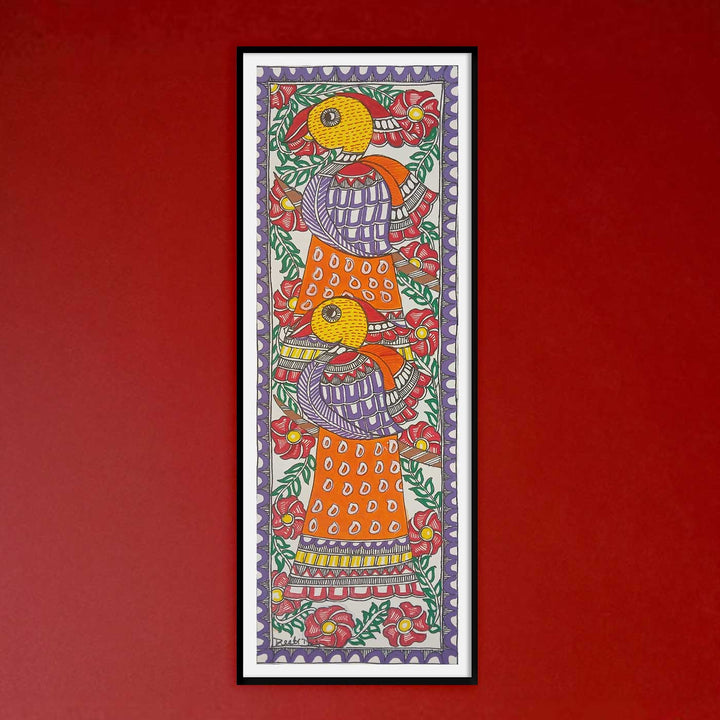 16 x 6 Inch | Duo Birds | Original Hand Painted Madhubani Painting | Acrylic Paints On Paper