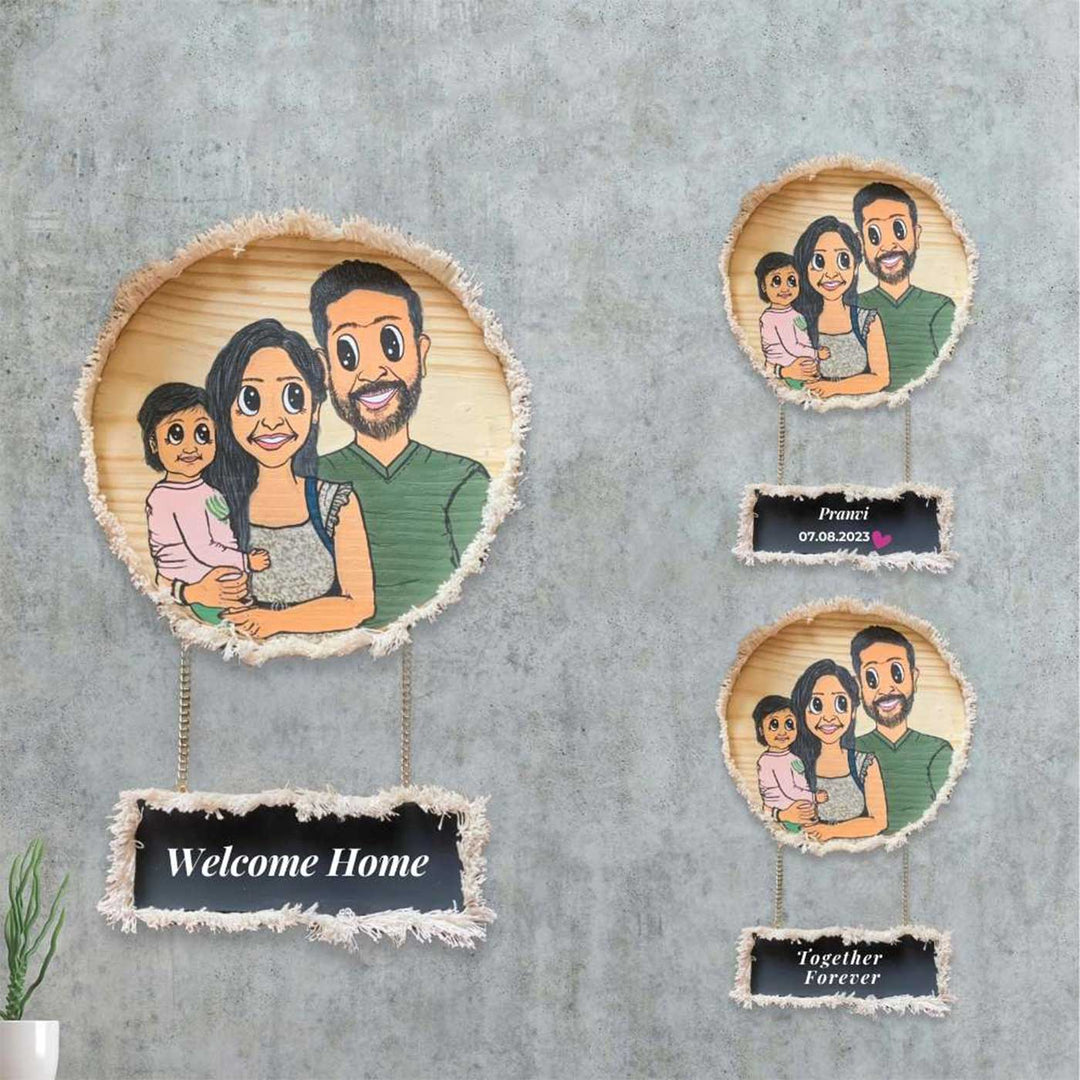 Photo Personalized Caricature Name Plate With Plank - Hanging Wall Art with Personalization