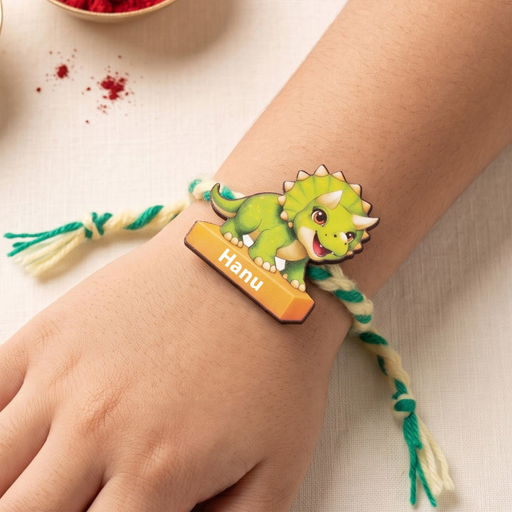 Personalized Reusable Triceratops Dino MDF Wood Rakhi With Roli Chawal