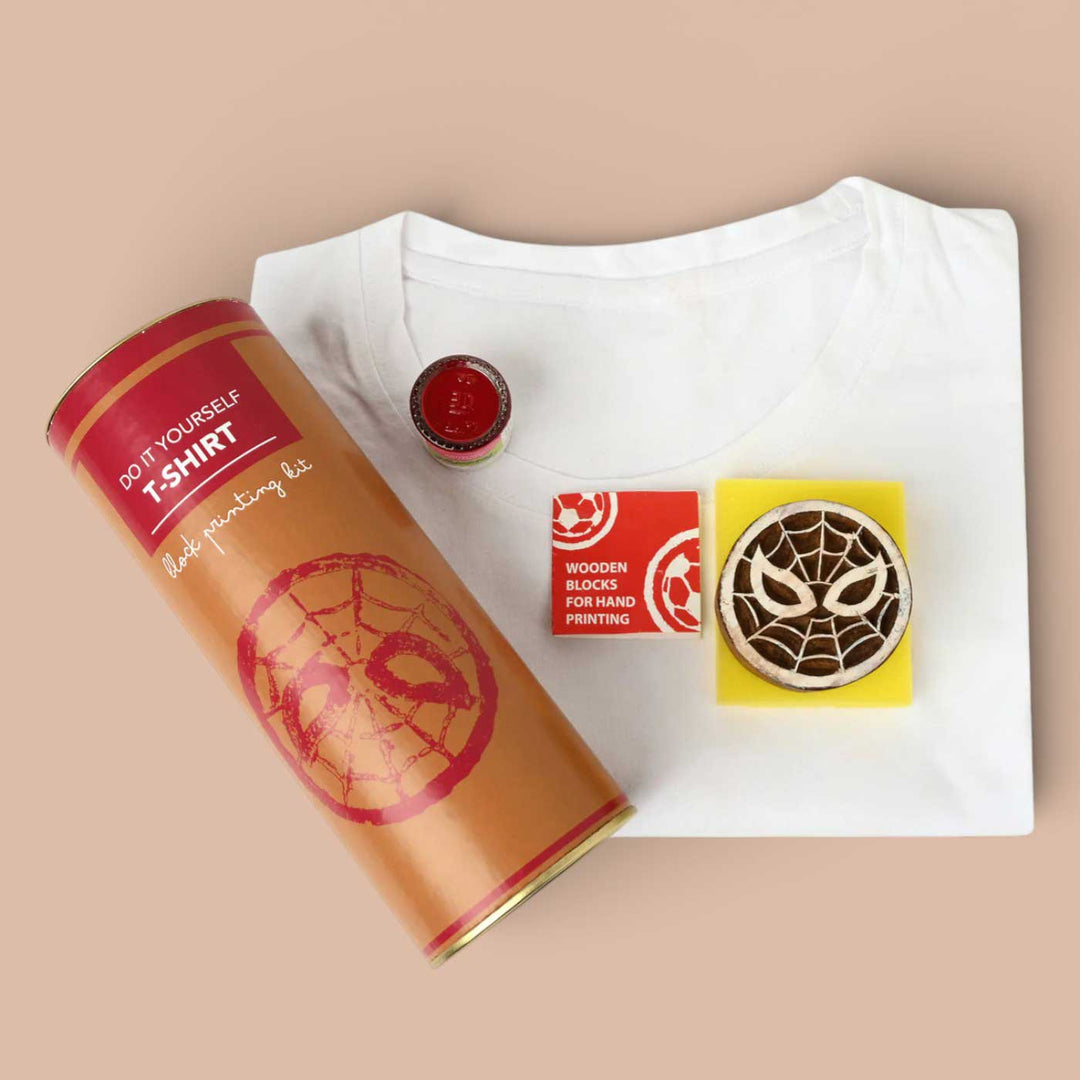 Spiderman Design T-shirt Block Print DIY Kit | 1 White Cotton T-shirt, 1 Fabric Paint And 1 Wooden Block