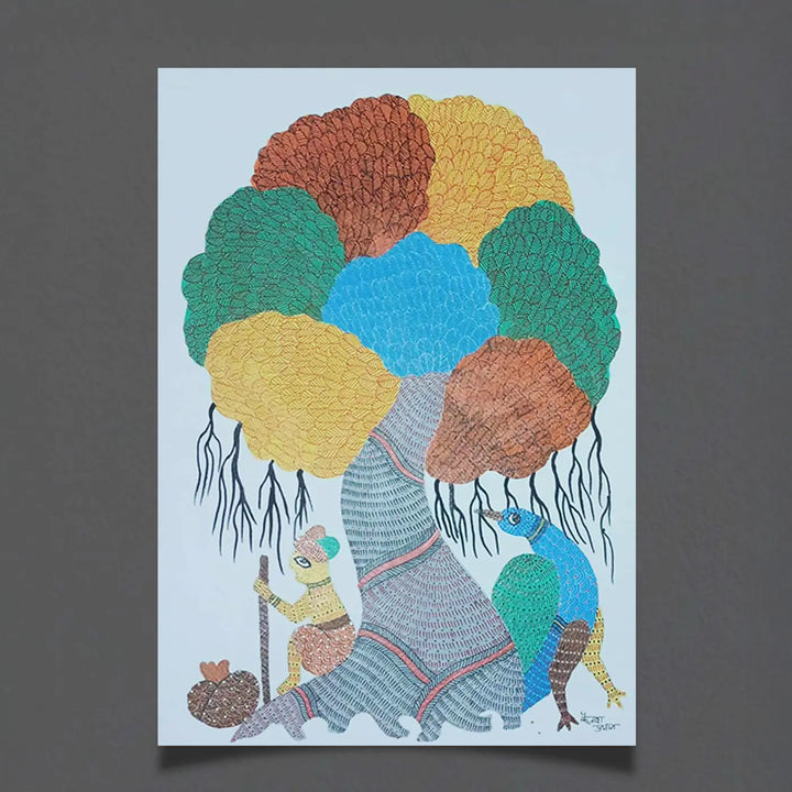 11 x 15 Inch | Peacock & The Living Shade | Original Hand Painted Tribal Gond Art Painting | Acrylic Paints On Paper