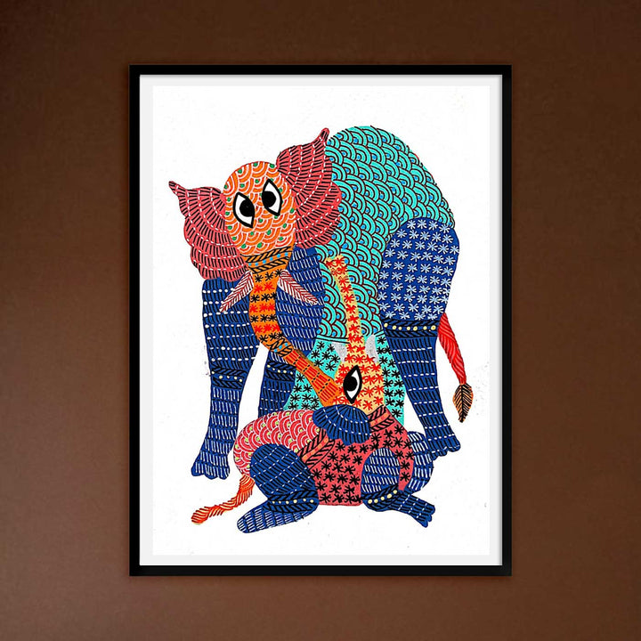 6 x 8 Inch | Elephant and Baby | Original Hand painted Tribal Gond Art Painting | Acrylic Paints On Paper