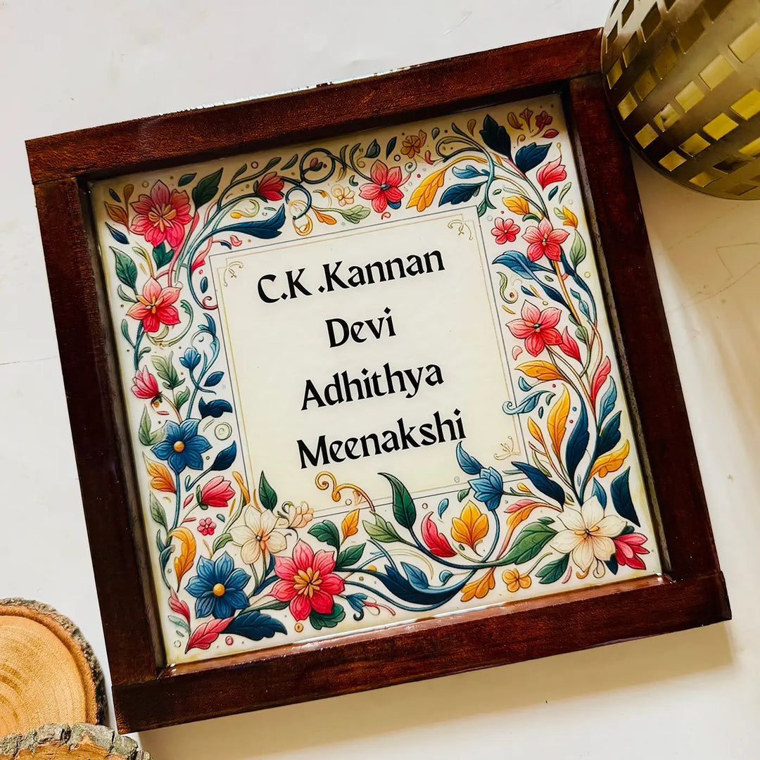 Personalized Floral Theme Resin Name Plate With Teak Wood Frame