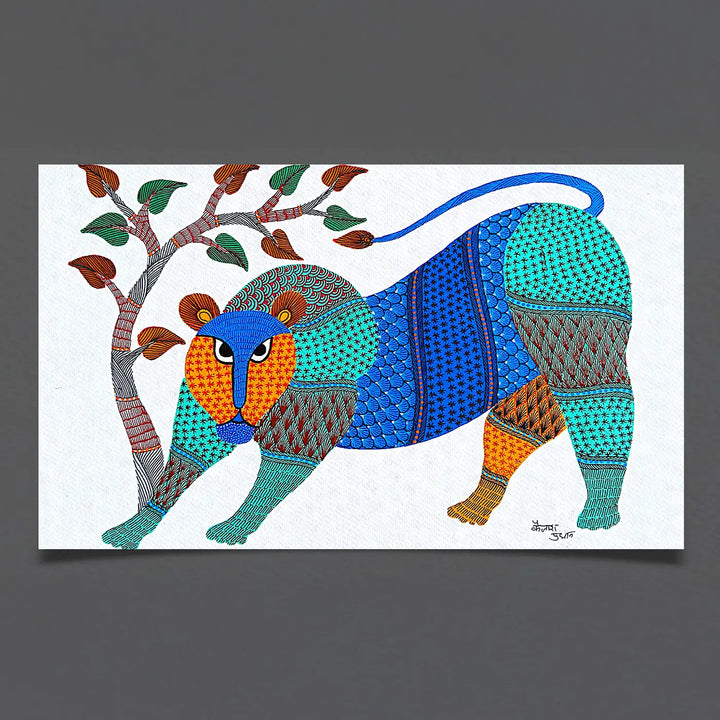 11 x15 Inch | Lion & Tree | Original Hand Painted Tribal Gond Art Painting | Acrylic Paints On Paper