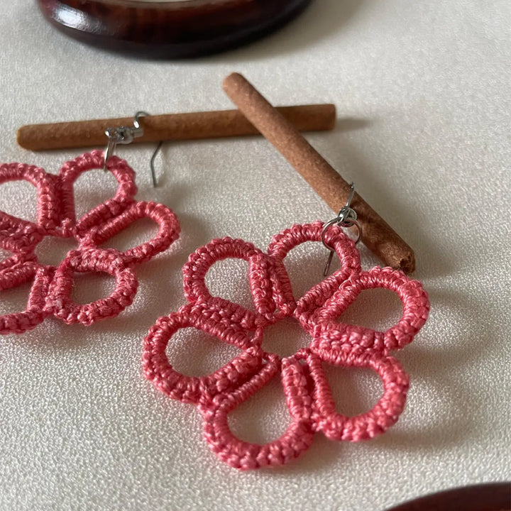 Handmade Tatting Pink Daisy-Inspired Cotton Lace Earrings