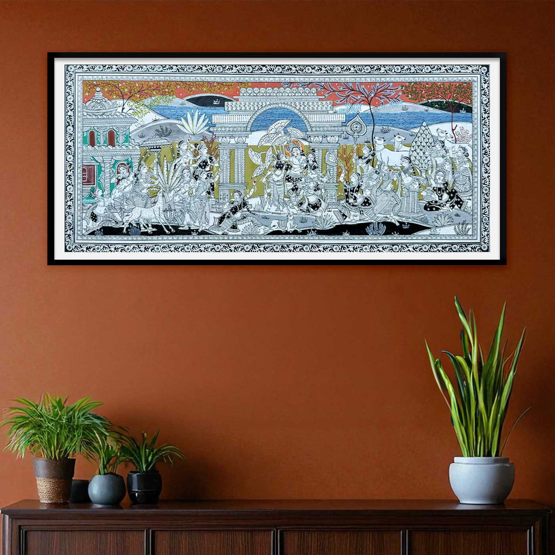 44 x 20 Inch | Handmade Canvas Krishna Rasleela Painting