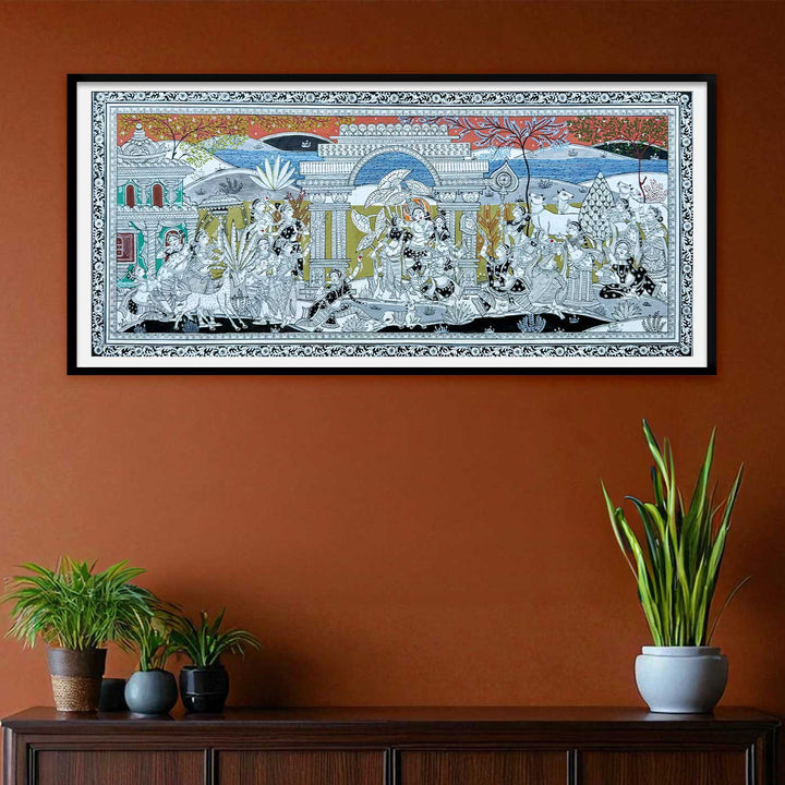 44 x 20 Inch | Handmade Canvas Krishna Rasleela Painting