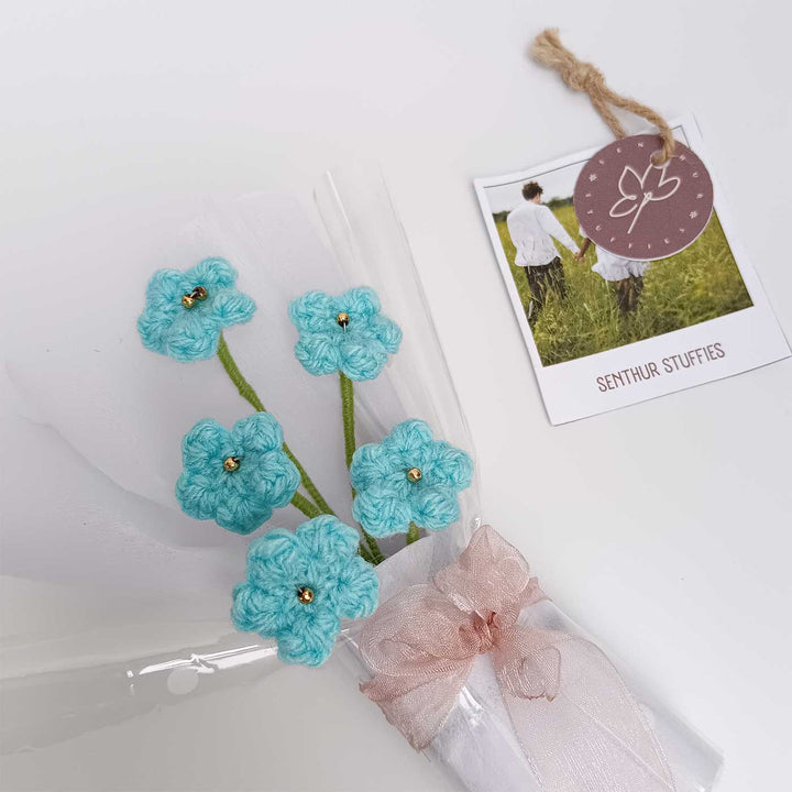Handmade Crochet Blue Blossom Mini Flower Bouquet | Includes Photo & Greeting Card