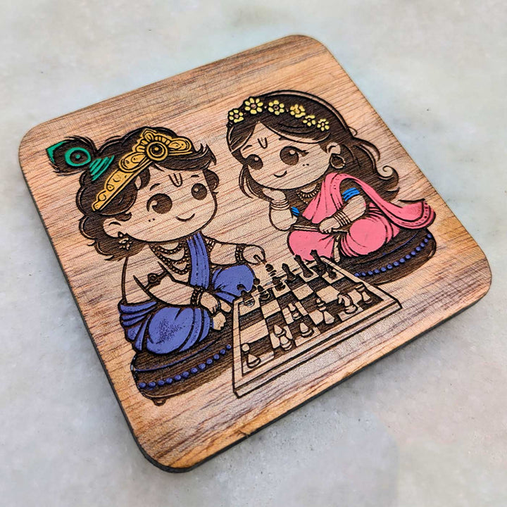 Engraved & Hand-Painted Krishna Radha Playing Chess Mahogany Wood Fridge Magnet