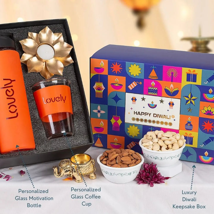 Personalized Diwali Gift Hamper | Includes 1 Bottle, 1 Glass, 1 Golden Lotus Diya