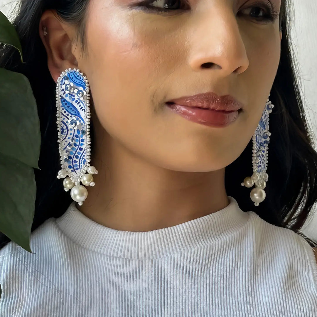 Hand Embroidered Beaded Blue & White Delicate Mughal Elegance Cotton Earrings