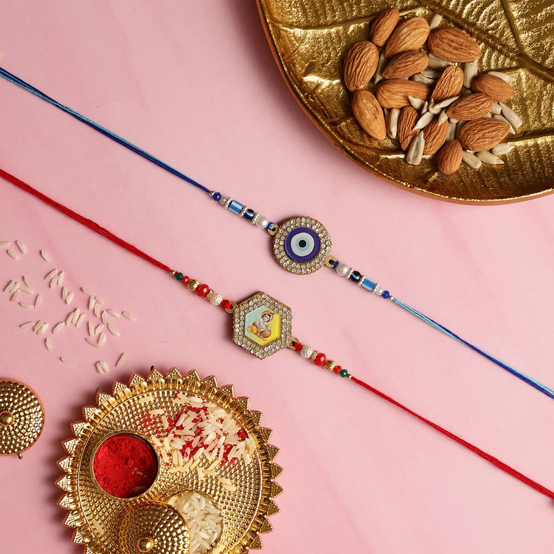 Handmade Krishna & Evil Eye Rakhi With Roli Chawal | Set Of 2