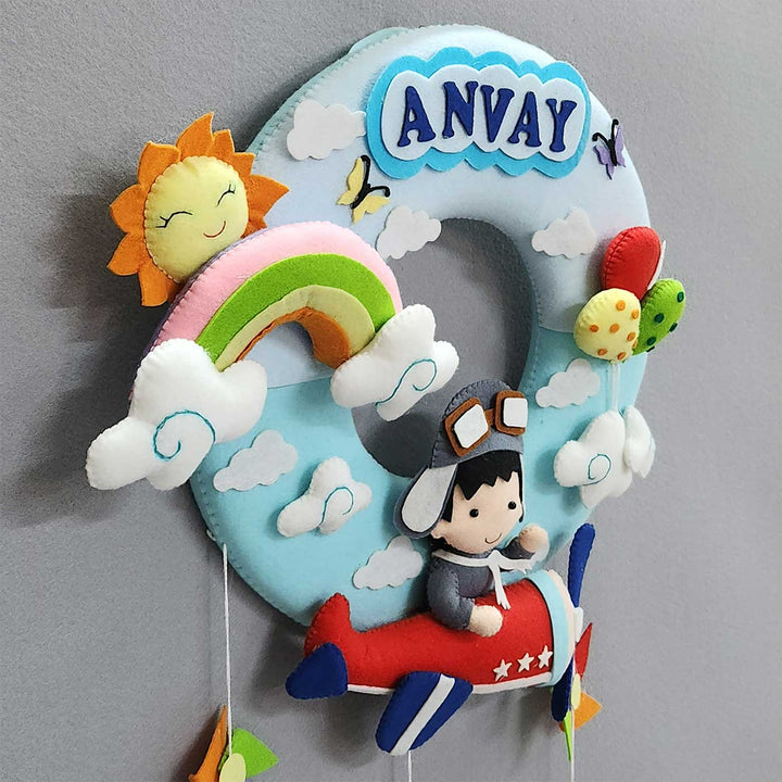 Personalized Aeroplane Theme Felt Kids Name Plate
