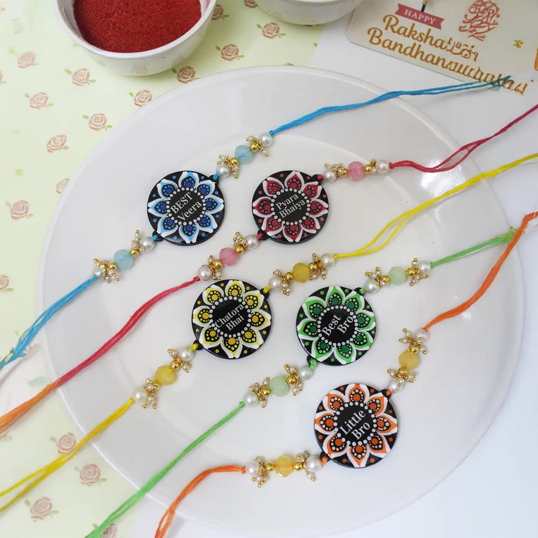 Personalized Hand-Painted Dot Mandala Round Floral Rakhi With Roli Chawal