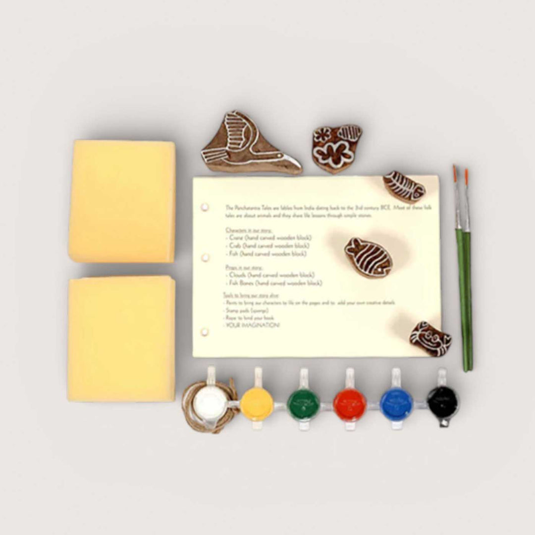 The Crane and Crab Panchatantra Block Printing DIY Kit | 5 Stamps, Poster Colours, Painting Brush, Printing Pads, Story Cards  And Jute String