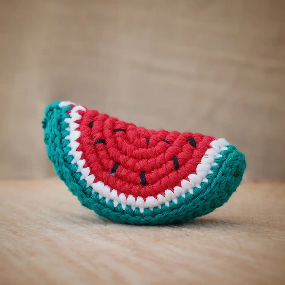 Handmade Crochet Watermelon Theme Kids Rakhi And Toy Combo With Roli Chawal Set Of 2 - Front View of Watermelon Crochet Piece