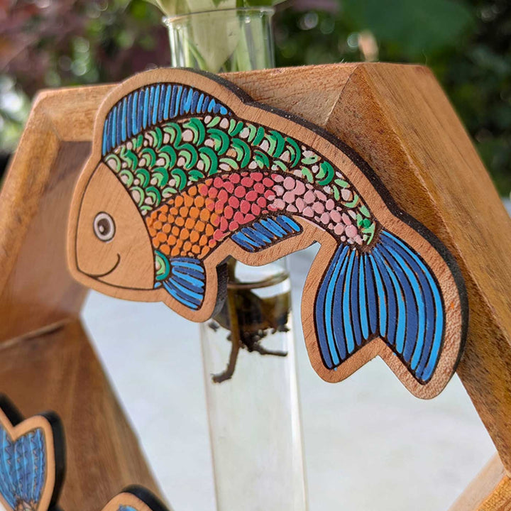 Hand-Painted Fish Wooden Hexagon Test Tube Planter For Home Decor