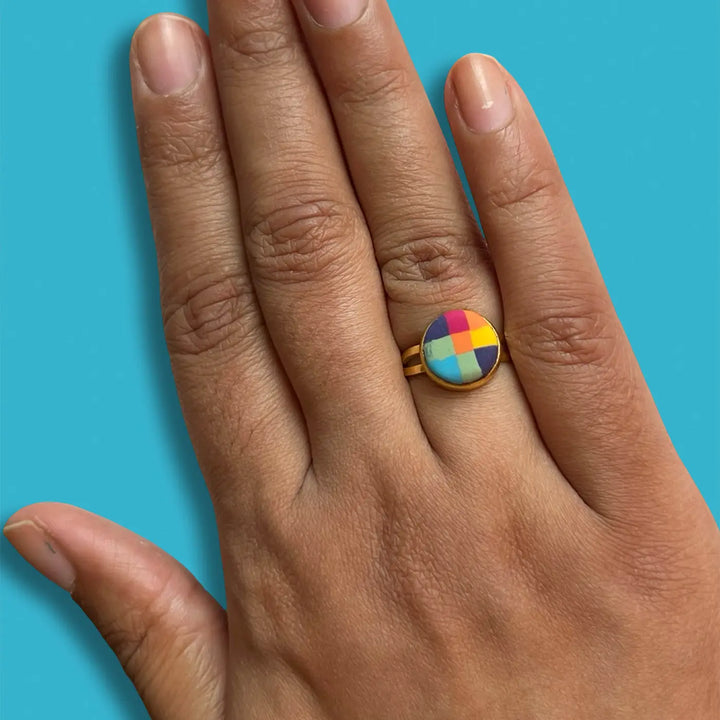 Handmade Polymer Clay Madras Fabric Check Design Ring