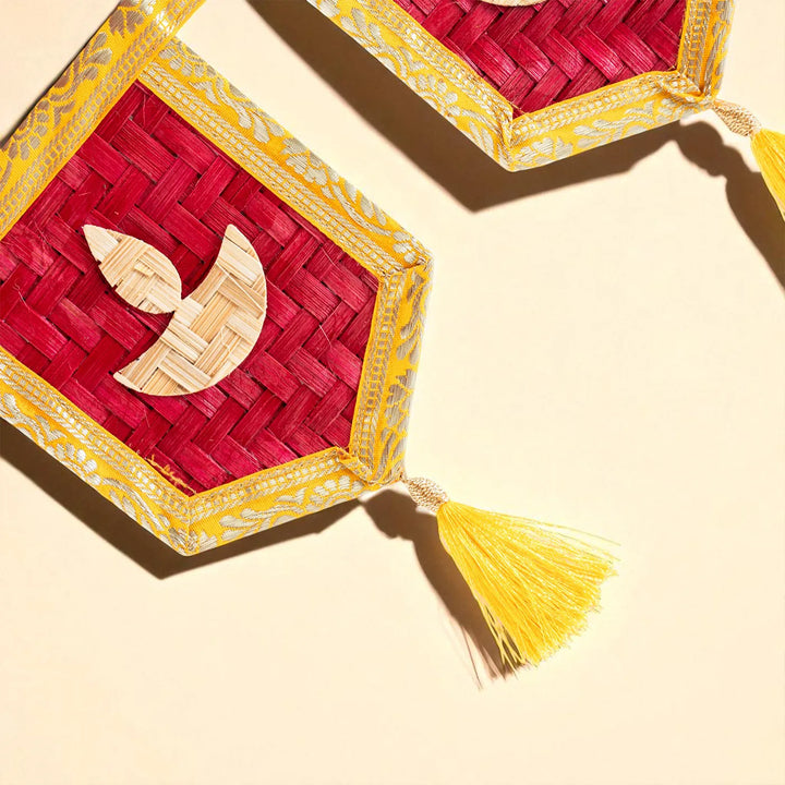Red Diya Eco-Friendly Handmade Woven Bamboo Toran | 41 Inch x 7 Inch