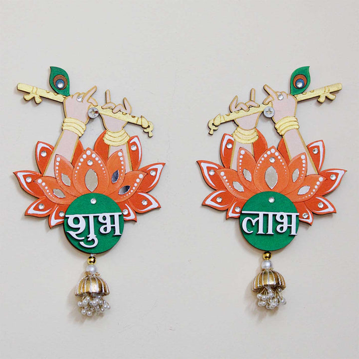 2 Pc | Hand-Painted Krishna Flute Design MDF Shubh Labh Hangings