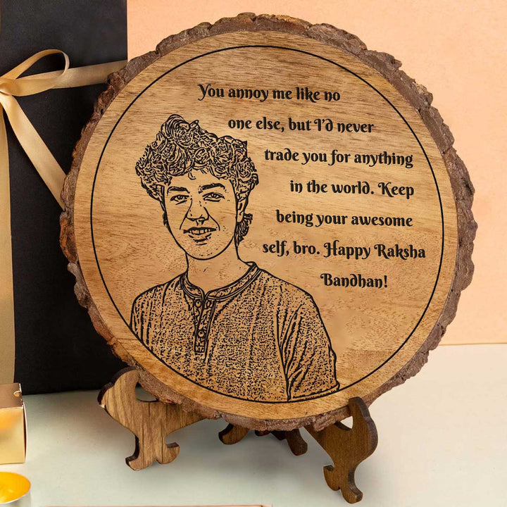 Photo Personalized Engraved Brother Theme Wooden Decorative Plaque Rakhi Hamper Includes 1 Rakhi 1 Plaque 1 Chocolate 1 Card And 1 Rakhi Plate - Close-up of Engraved Plaque