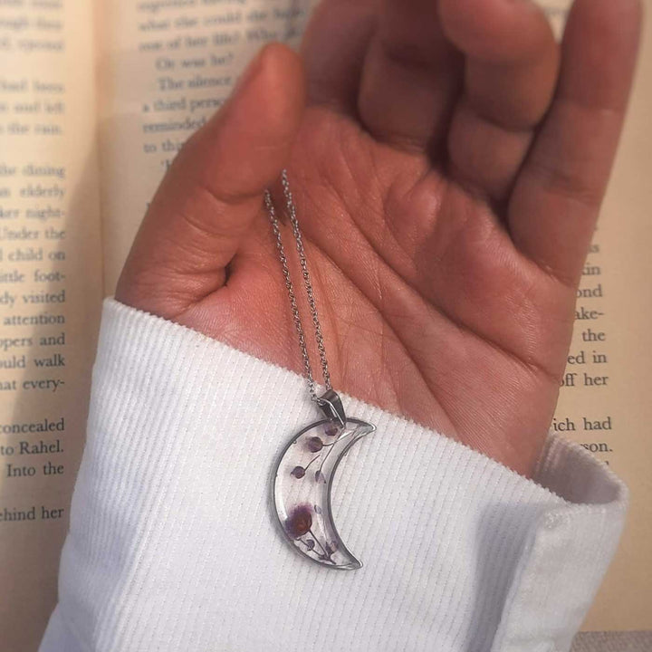Pink Preserved Flower Luna Moon Shape Stainless Steel Necklace