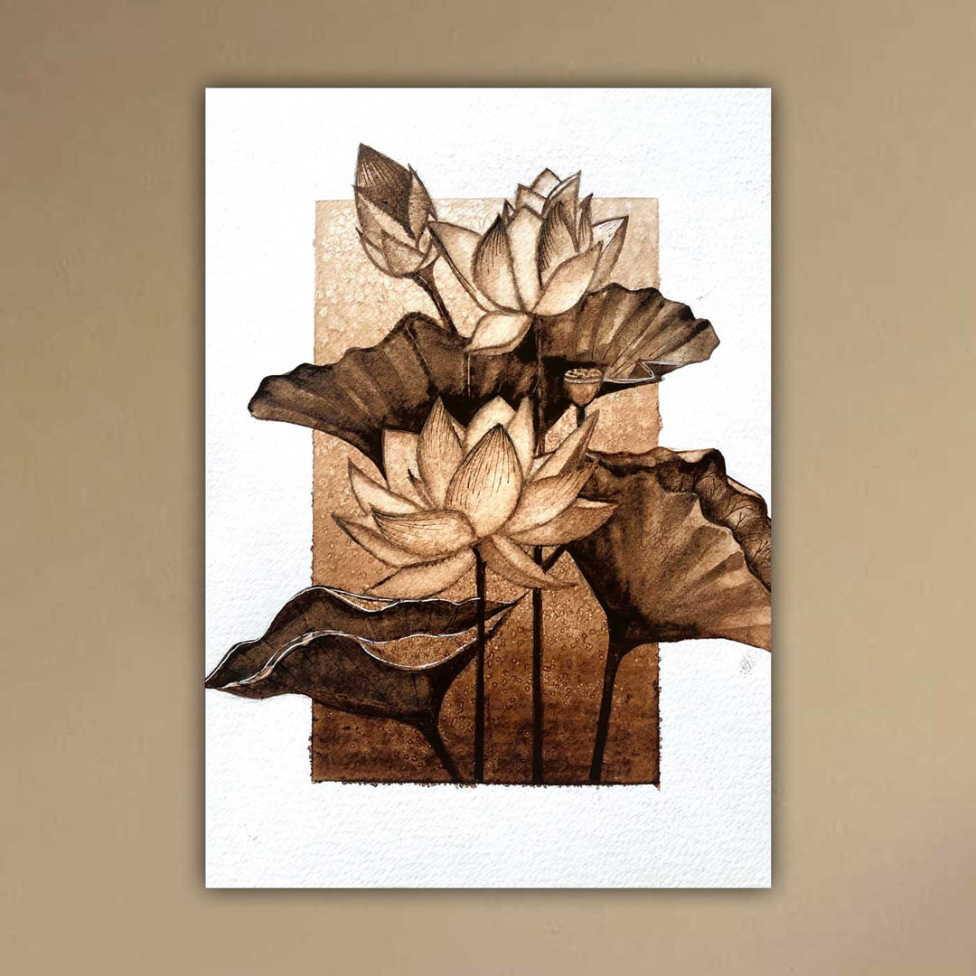 6 x 8 Inch | Handmade Paper Lotus Coffee Painting