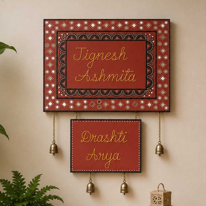 Personalized Handcrafted Lippan Art Hanging Bells MDF Name Plate For Home