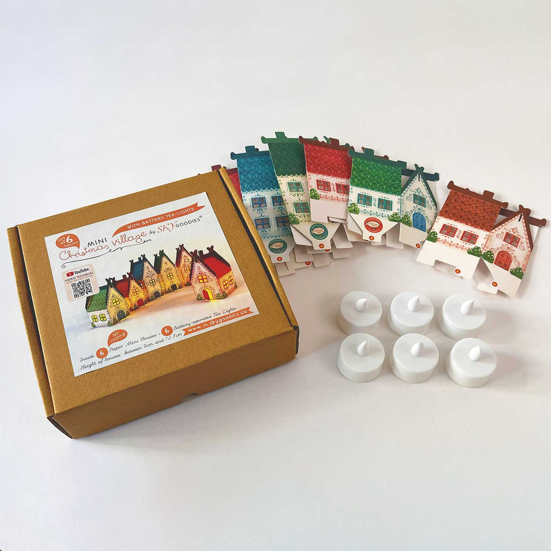 Handmade Mini Christmas Village Design Paper Tealight Holder With Electric Tealight | Set Of 6